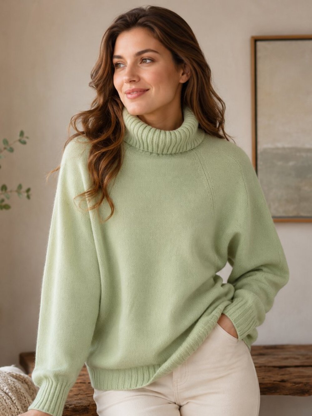 Cashmere Cashmere Scotland SZ M 100% Cashmere Turtle Neck Sweater Celery Green